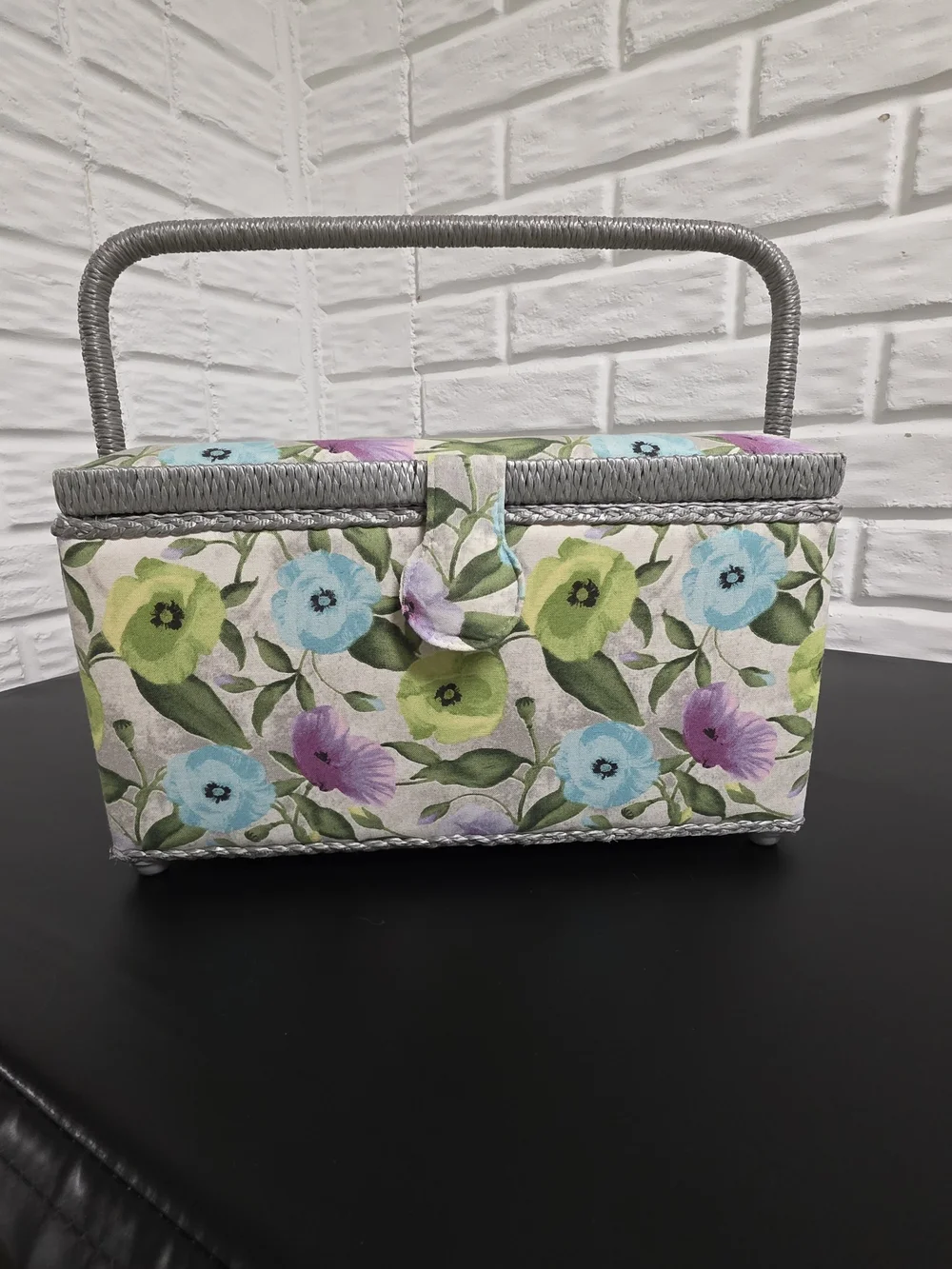 Floral Fabric Sewing Basket Rectangle Craft Organizer Box Gray Trim